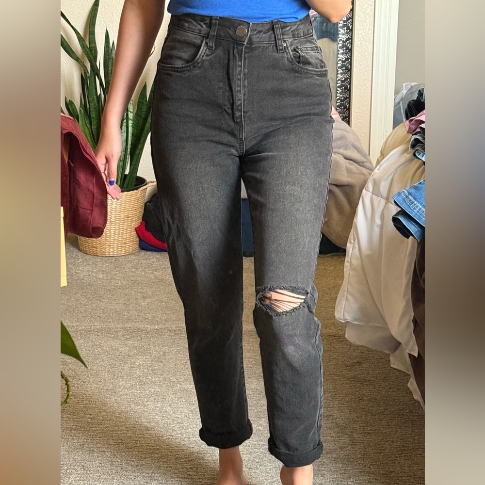 Cotton On Black Straight Leg Jeans with Distressed Knee